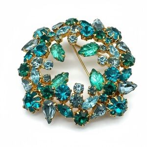 Vintage Austrian Gold-Tone Emerald & Teal Crystal Wreath Brooch - Women Jewelry